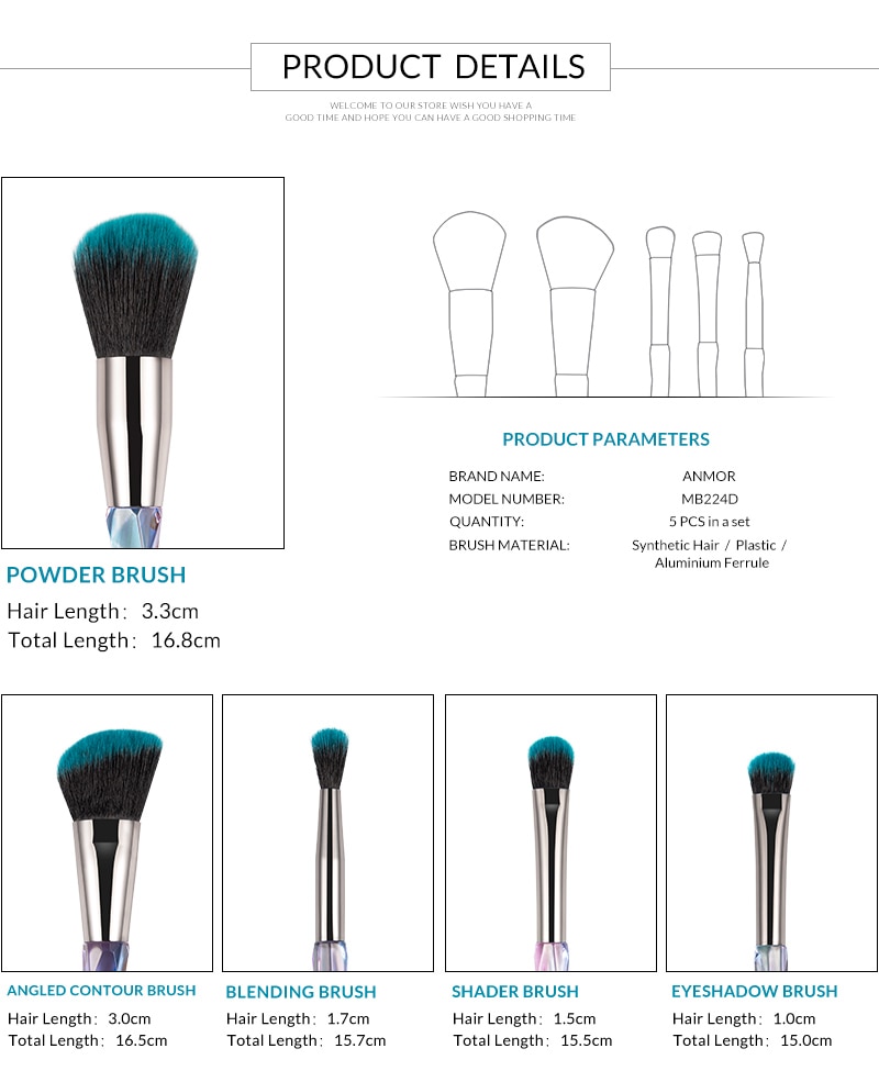 Women's Blue Crystal Makeup Brush Set 5 Pcs